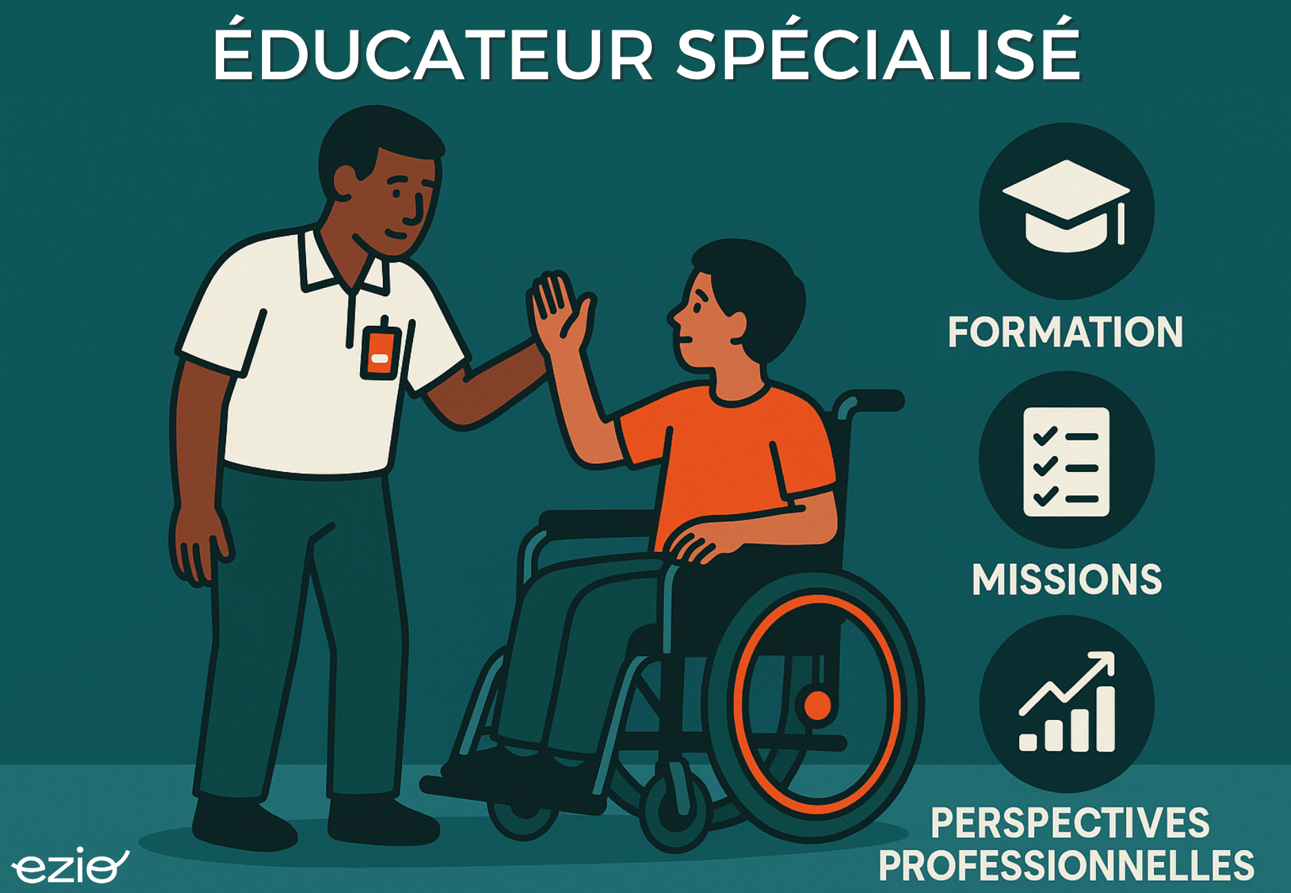 Illustration montrant un éducateur spécialisé en action dans un établissement médico-social, avec des icônes symbolisant formation, missions et perspectives professionnelles.