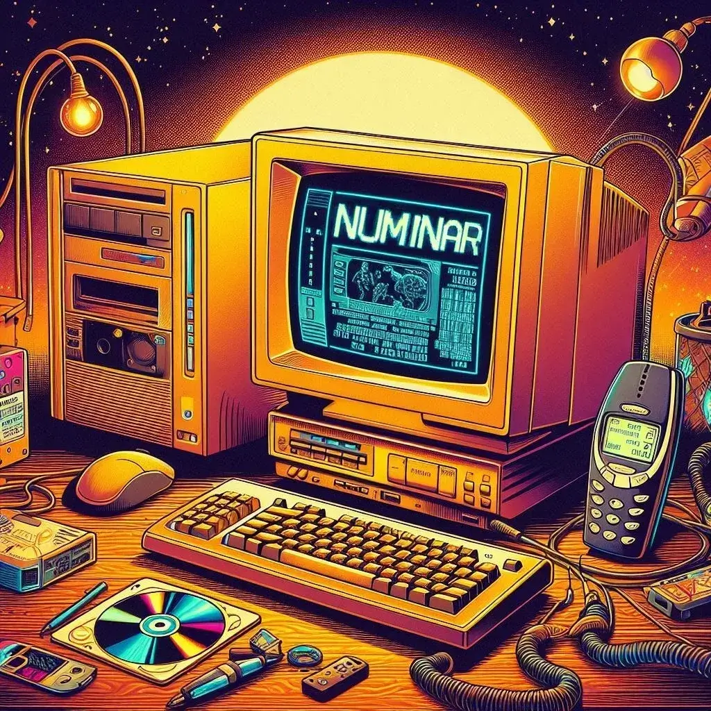 Dessin d'un ordinateur de bureau, Numinar est affiché sur l'écran, il y a aussi un vieux téléphone portable.