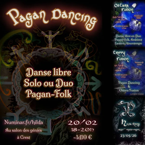 Poster for Pagan Dancing event featuring free dance solo or duo Pagan-Folk on 20/02 from 18 to 20h at Au salon des génies in Crest with mystical background art.