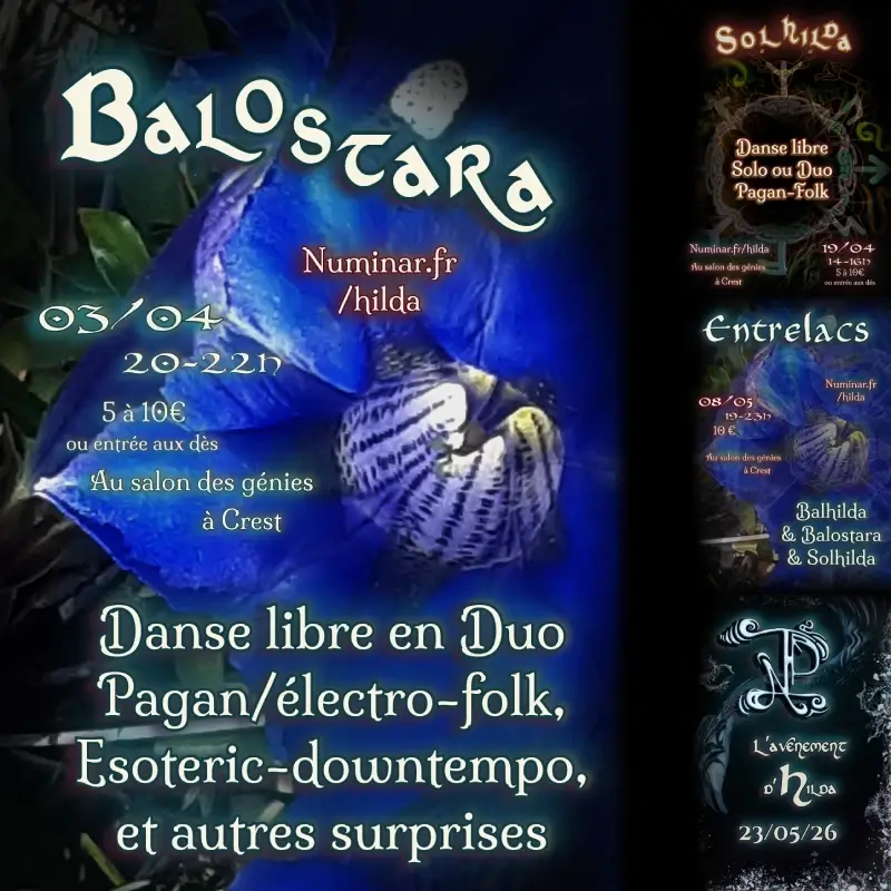 Poster for Arandom Fusion featuring Néo Folk, Néo Tango, Néo Forró, and other syncretisms with event details and website numinar.fr/hilda.