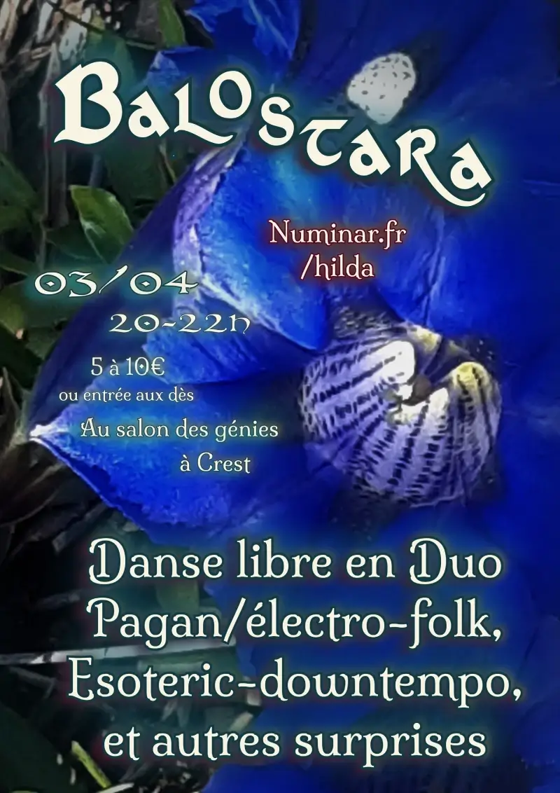 Blue flower background with text promoting Ostara Fusion event featuring free dance duo with pagan-folk, ambient, and esoteric-downtempo music on April 3 from 6 to 8 PM at Au salon des génies, Crest.