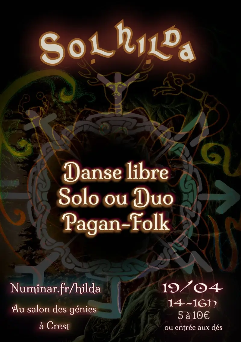 Poster titled 'Pagan Dancing' with text promoting free, nonverbal Pagan-Folk dance event at Aux colibris in Crest on 11/04 from 15 to 17h, costing 3 to 4 euros.