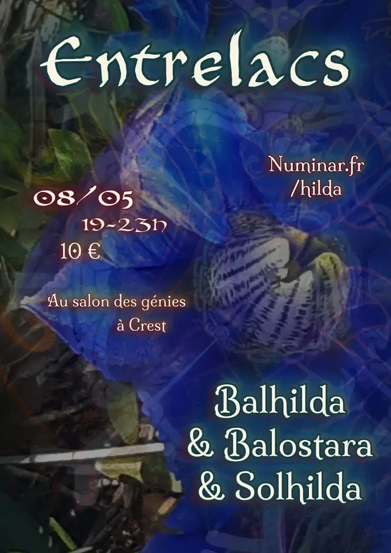 Event poster with blue and green artistic background featuring text: Trippy Fusion, 08/05, 18-22h, ~5d4 €, Au salon des génies à Crest, Numinar.fr/hilda, Pagan Dancing & Ostara Fusion.