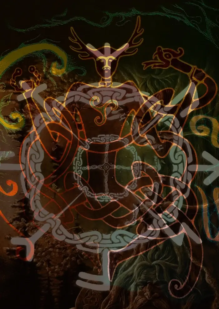 Illustration of a figure with antlers and tribal patterns intertwined with abstract swirling designs on a dark background.