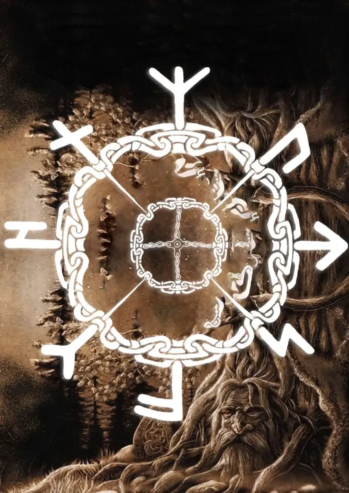 Artistic depiction of a bearded, ancient figure with tree-like hair beside a glowing circular Norse symbol with runes and intricate knot patterns against a dark forest background.