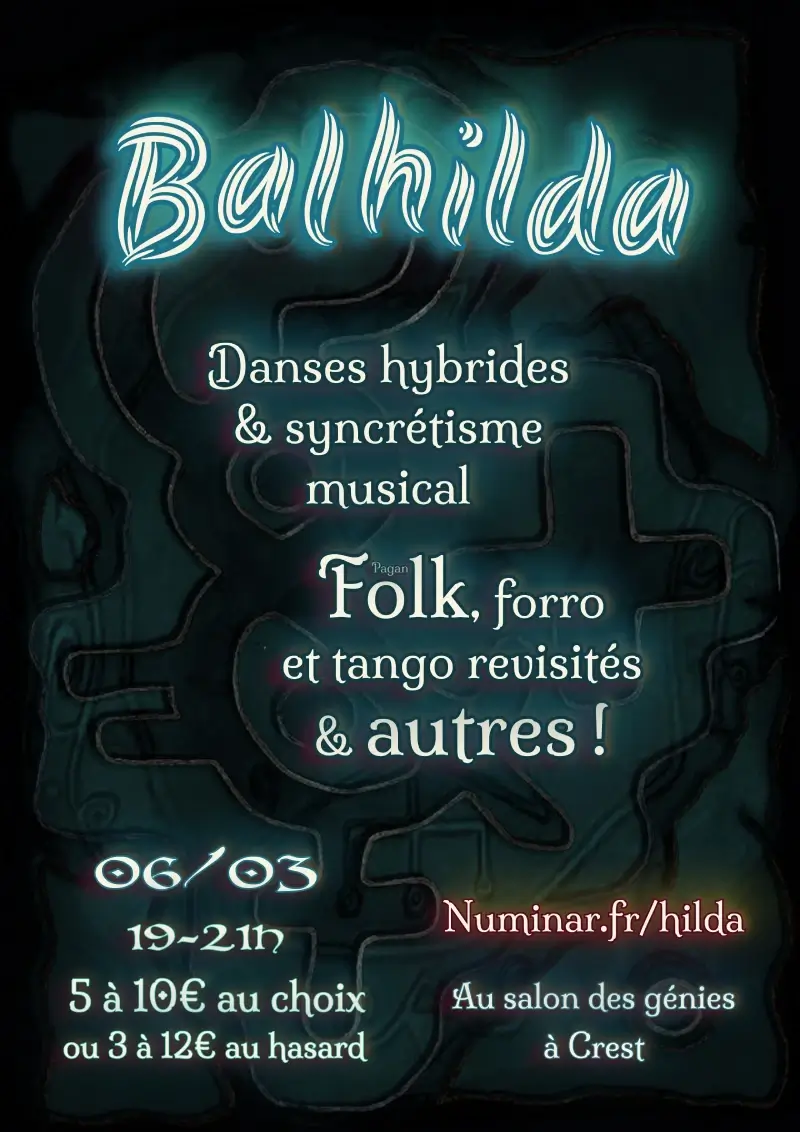 Event poster for 'A random Fusion' featuring Néo Folk, Néo Tango, and Néo Forró with details: 06/03 from 18-20h, free entry, at Salon des génies in Crest with website Numinar.fr/hilda.