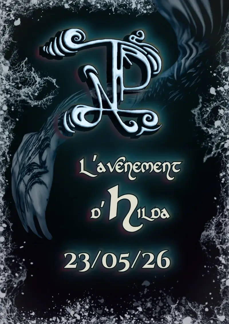 Artistic design with stylized letters 'NP', text reading 'Hilda Rising', 'anniv' psycho-magick', and date '23/05/26' on dark background with decorative white and gray splatters.