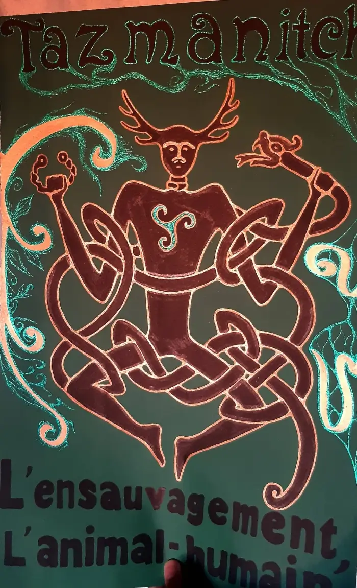Illustration of a mythical humanoid figure with antlers, entwined with serpent-like shapes, surrounded by decorative swirling patterns and the text 'Tazmanitch' at the top.