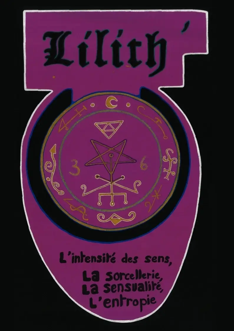 Purple emblem with the word 'Lilith' atop and a circular mystical symbol with gold markings in the center, accompanied by French text referencing intensity of senses, witchcraft, sensuality, and entropy.