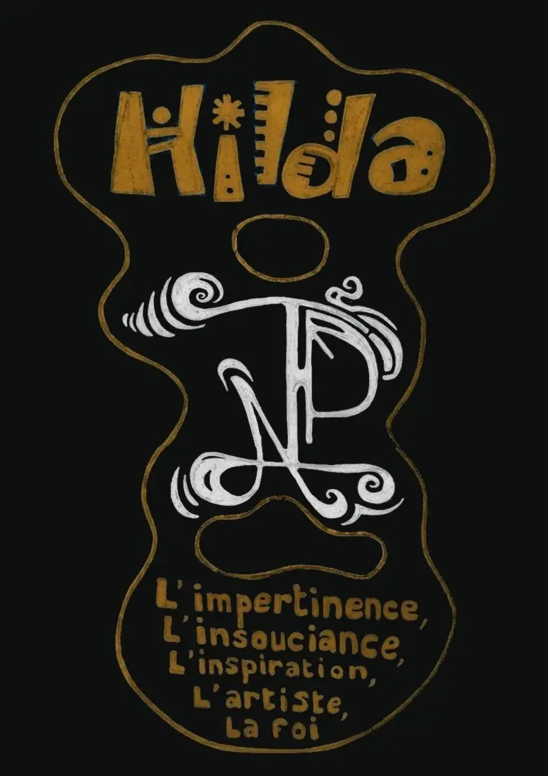 Artistic design with the word 'Hilda' in stylized yellow letters, a decorative white intertwined NP monogram below, and French text listing qualities: 'L'impertinence, L'insouciance, L'inspiration, L'artiste, La foi' on a black background.
