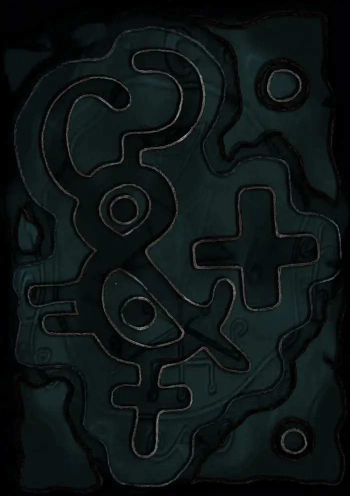 Dark abstract shapes outlined with glowing lines resembling symbols including a question mark, circles, and plus signs on a textured background.