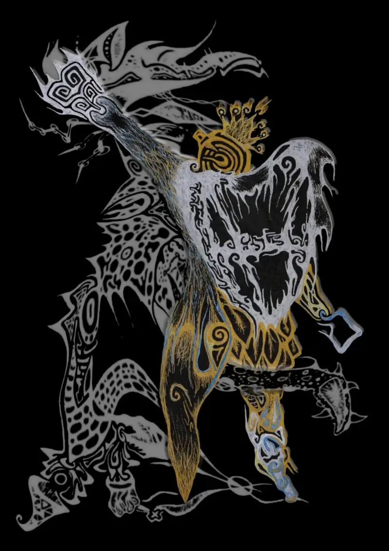 Abstract humanoid figure with intricate patterns and shapes in gold, black, and white against a black background.