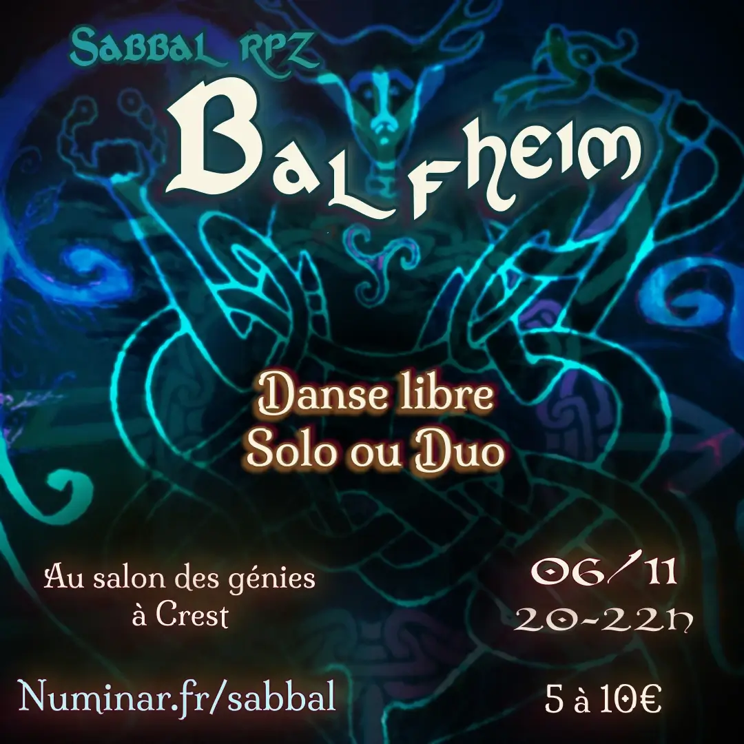 Event poster for 'A random Fusion' featuring Néo Folk, Néo Tango, and Néo Forró with details: 06/03 from 18-20h, free entry, at Salon des génies in Crest with website Numinar.fr/hilda.
