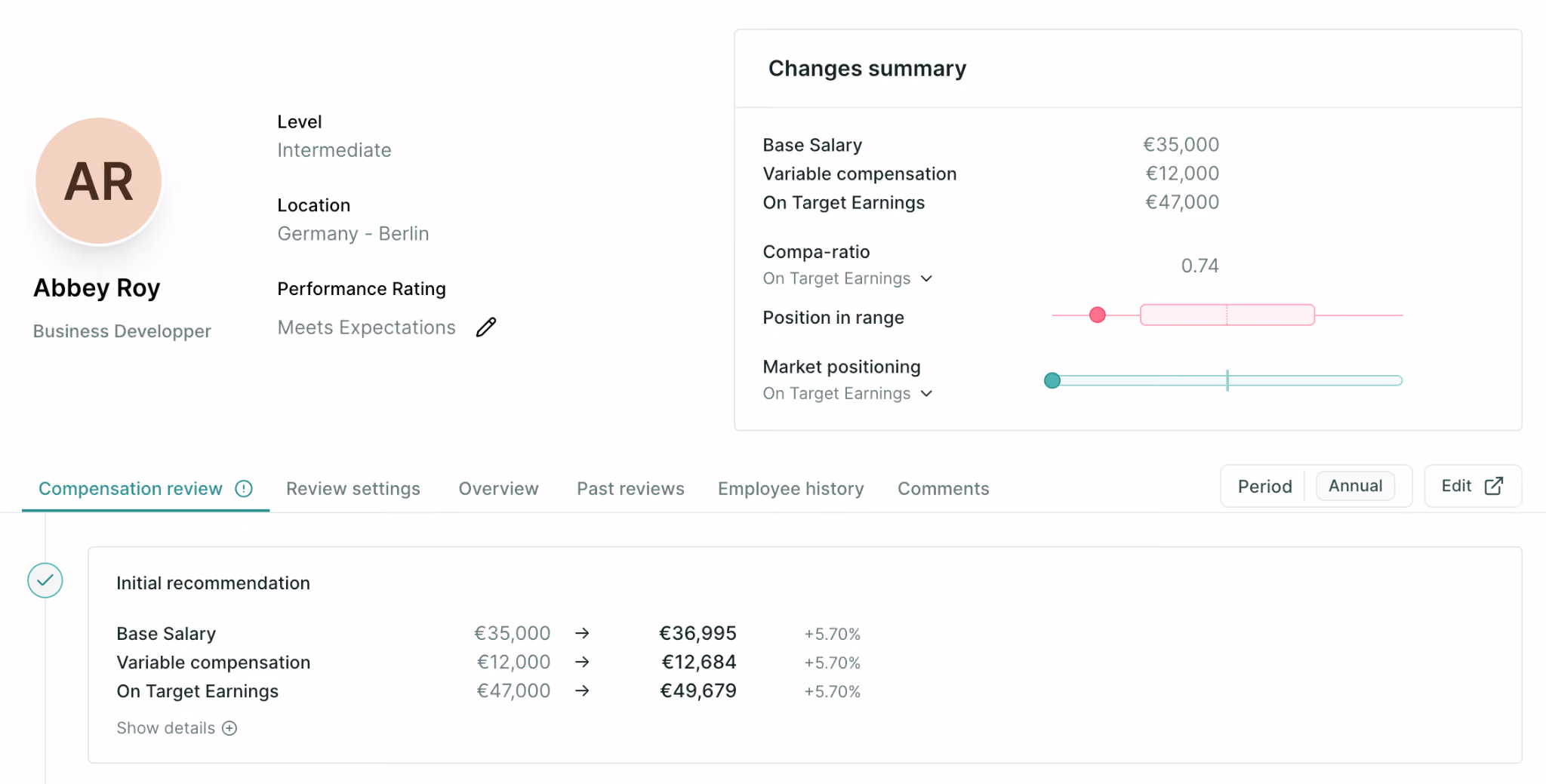 1 - Employee record in a compensation review with Changes summary and increase recommendation