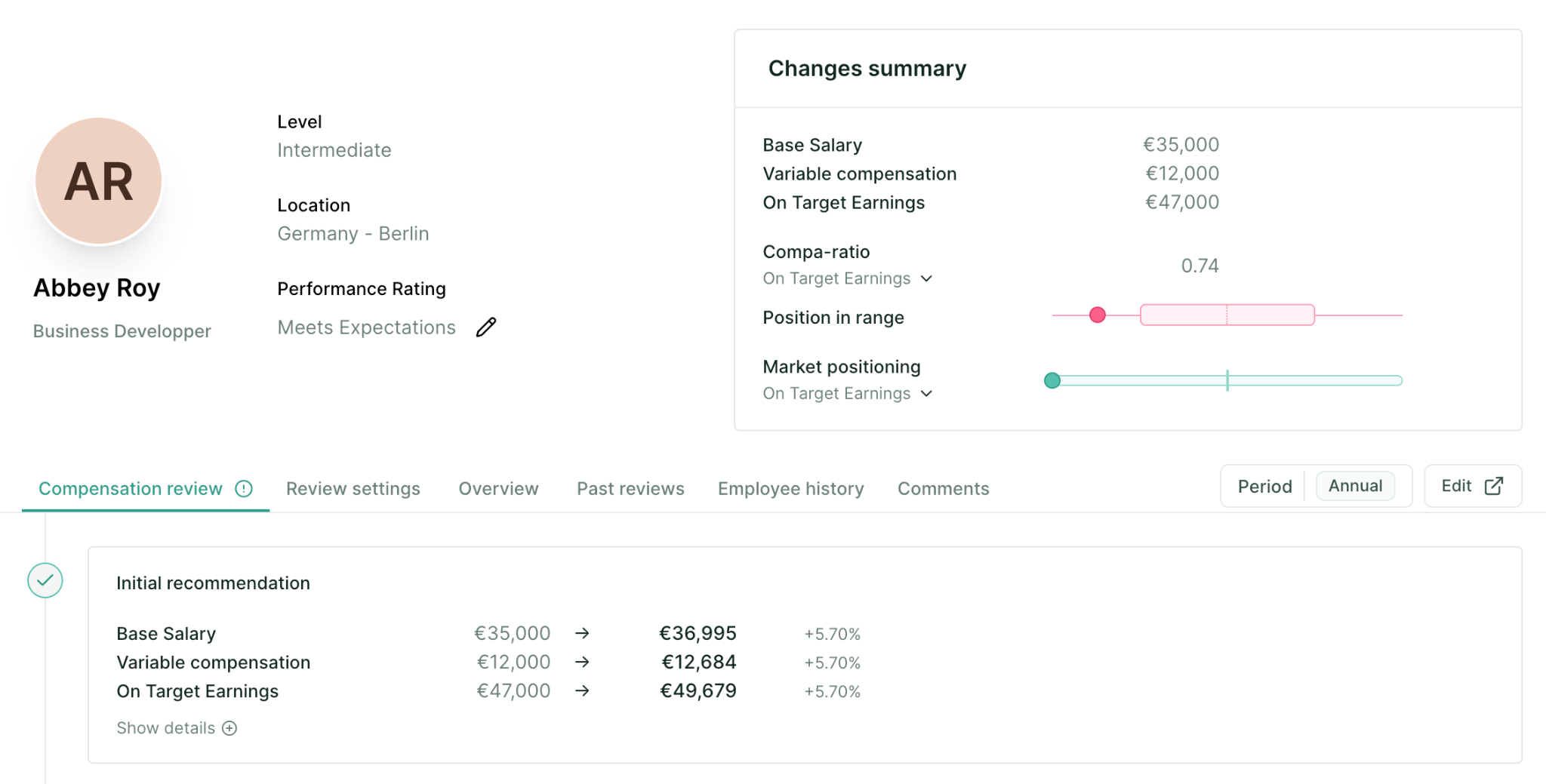 1 - Employee record in a compensation review with Changes summary and increase recommendation