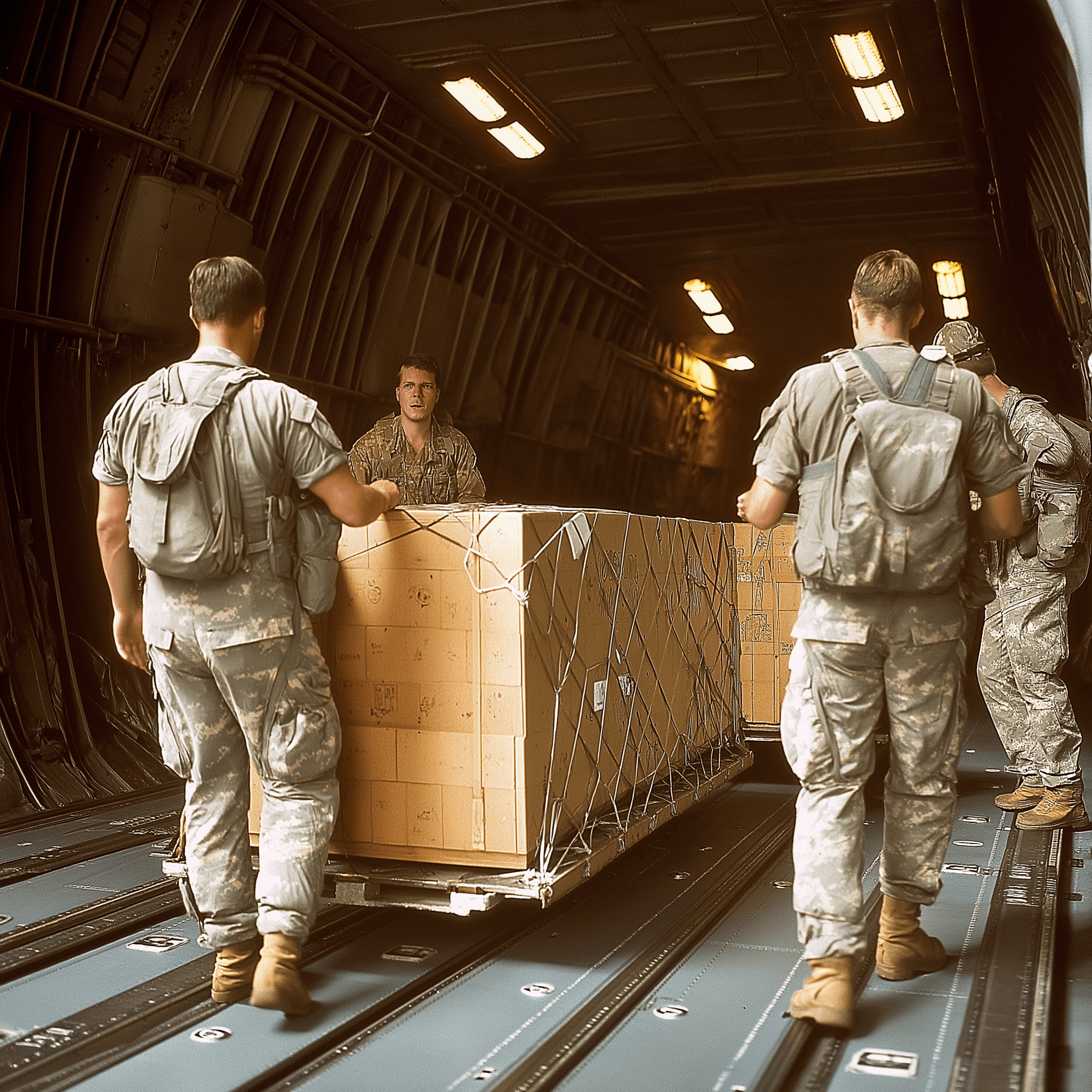 Soldaten verladen Transportkisten an einem Frachtflugzeug (KI-generiertes Bild, zeigt keine reale Person, Einheit oder Begebenheit)
