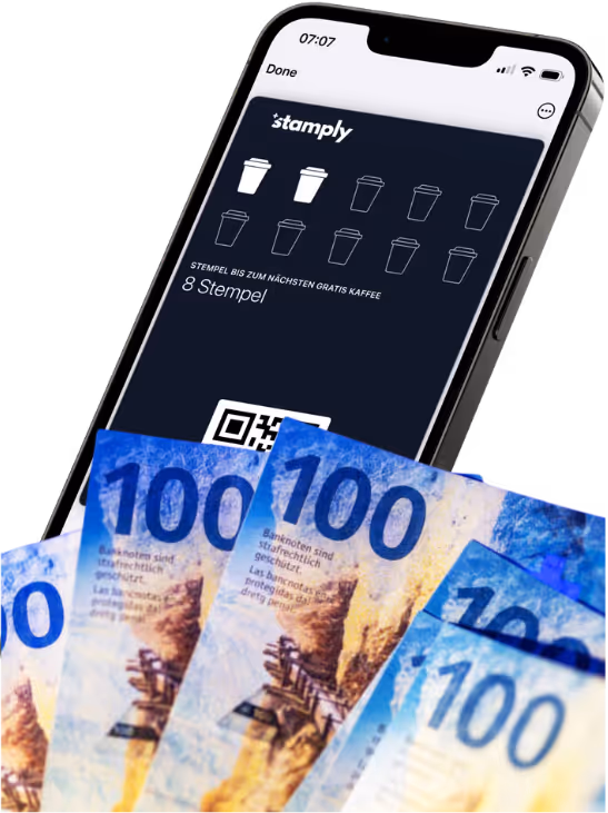 Stamply digitale Stempelkarte auf iPhone mit 100 CHF Geldscheinen für Startguthaben-Aktion