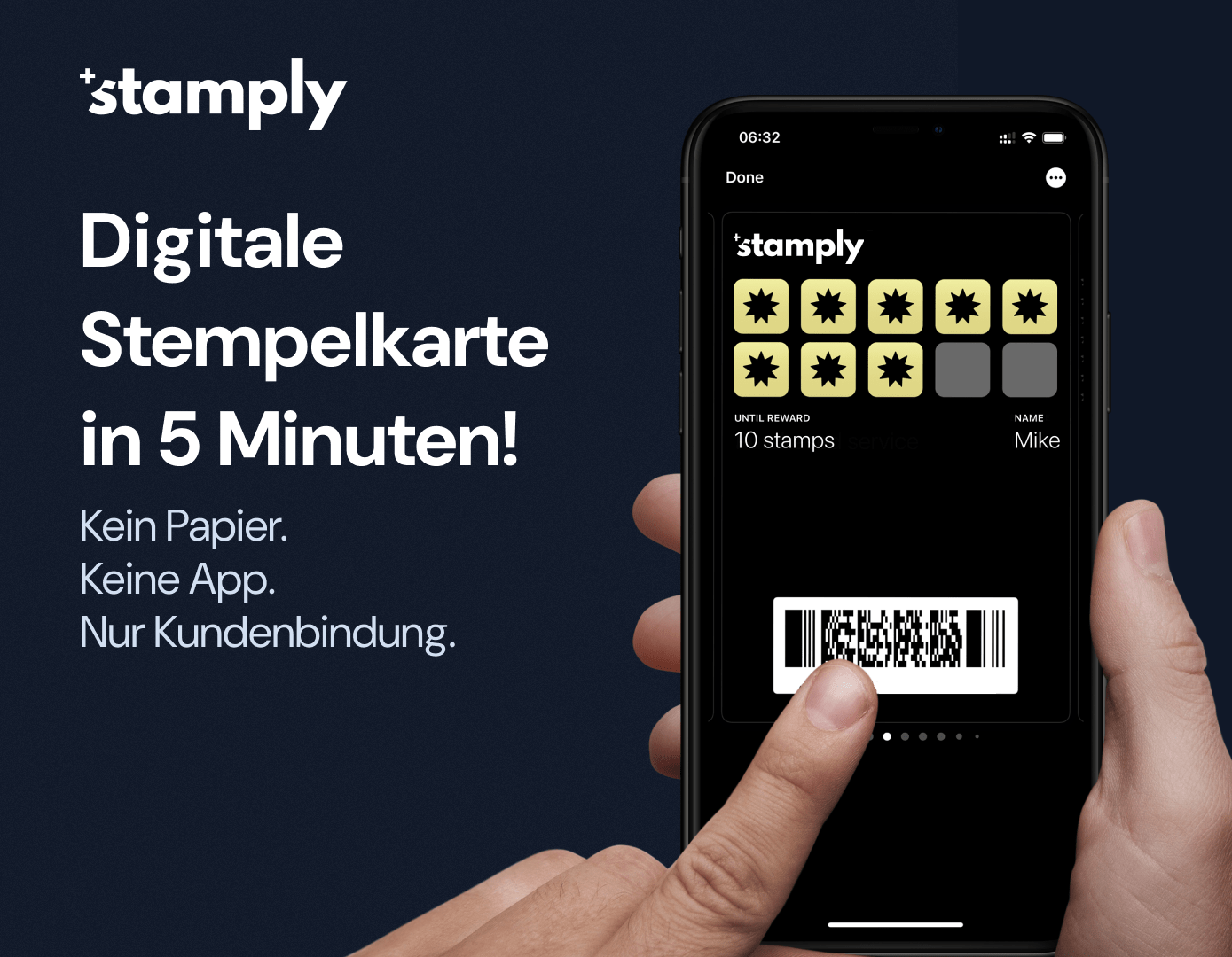 Iphone mit digitaler Stempelkarte von Stamply. Text: Digitale Stempelkarte in 5 Minuten! Kein papier, keine app nur kundenbindung