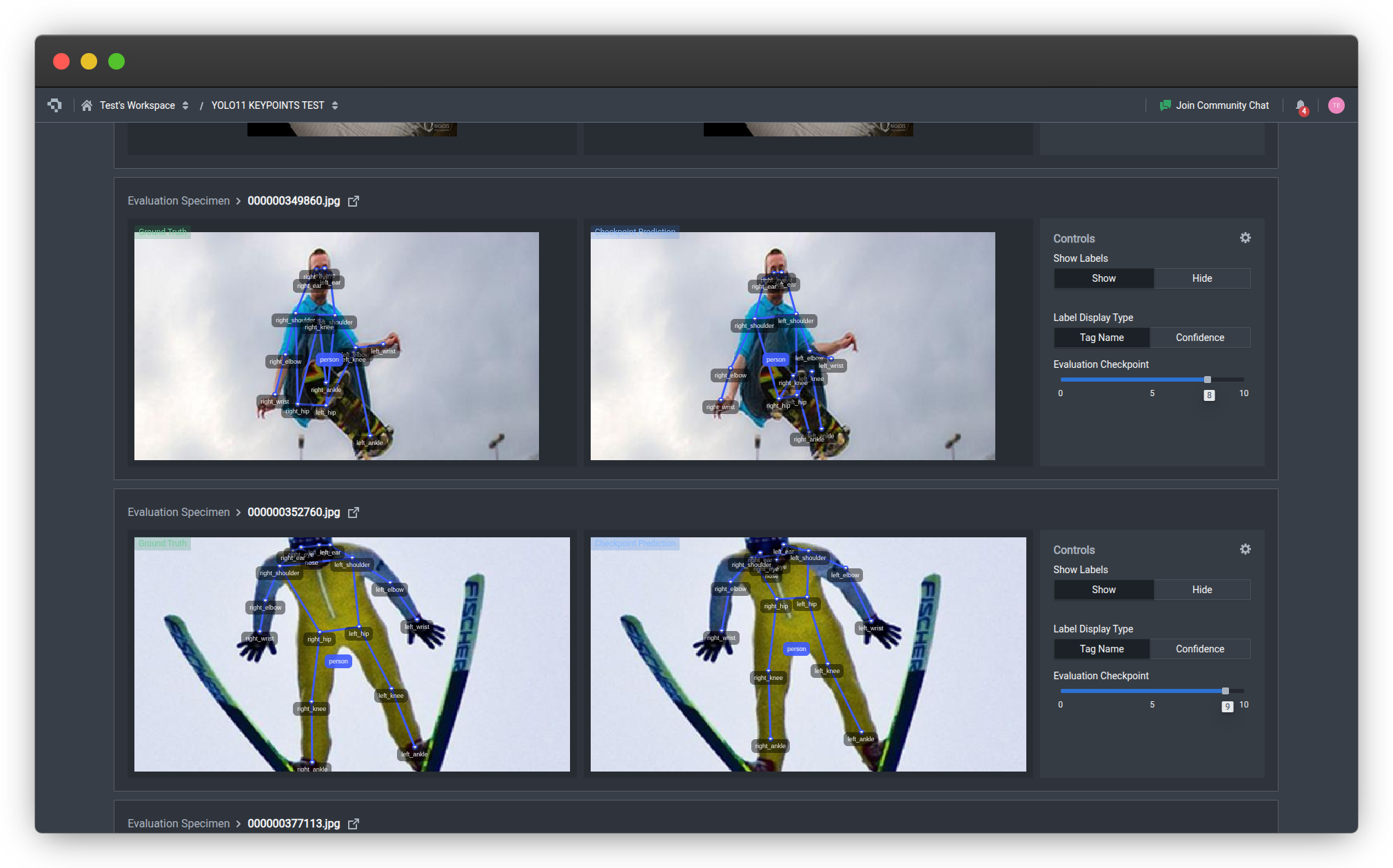 Ground truth and model prediction comparison for human pose estimation showing keypoint skeleton overlays on a skier mid-jump inside the Datature Nexus evaluation interface.