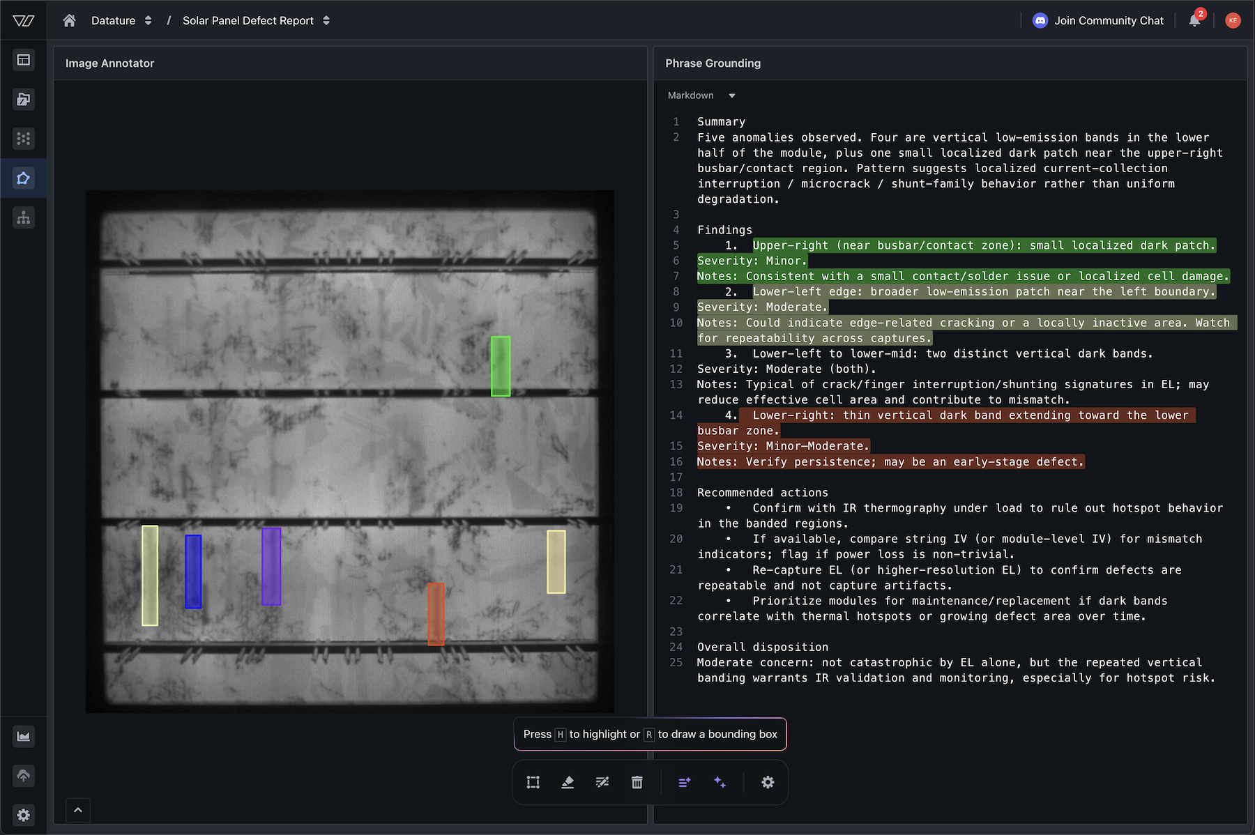Using Datature Vi to Annotate Phrase Grounding Solar Panel Defect Dataset