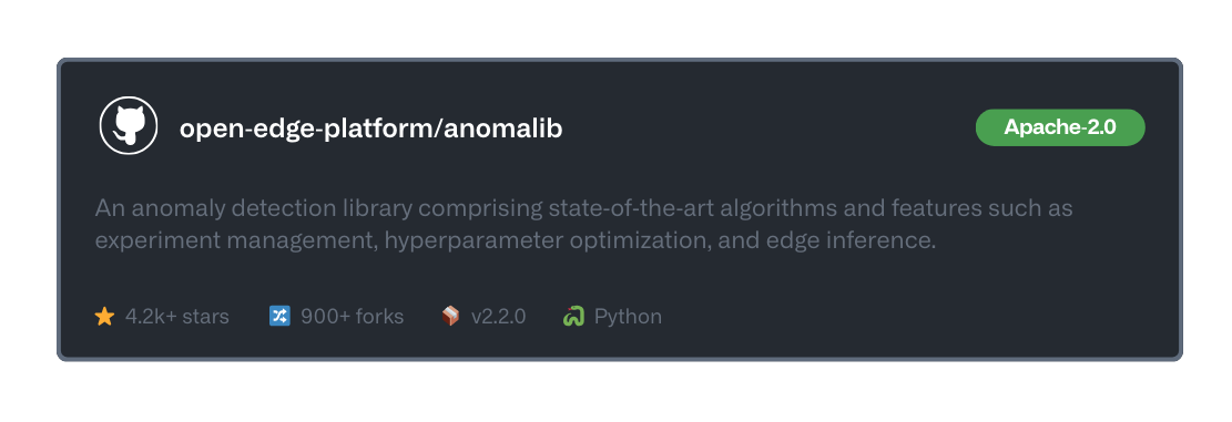 GitHub repository card for Anomalib, an anomaly detection library with 4.2k stars, 900+ forks, and Apache 2.0 license.