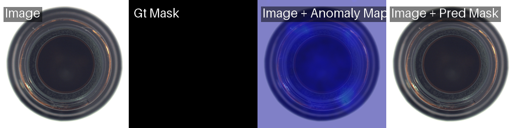 Normal bottle sample with ground truth mask, anomaly map, and predicted mask showing no detected defects.