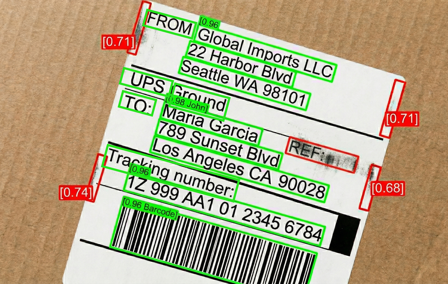 Tilted and partially smudged label with OCR boxes showing detection under imperfect conditions