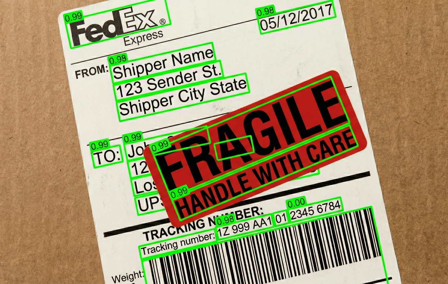 Shipping label with FRAGILE sticker causing OCR to mix sticker text with label content