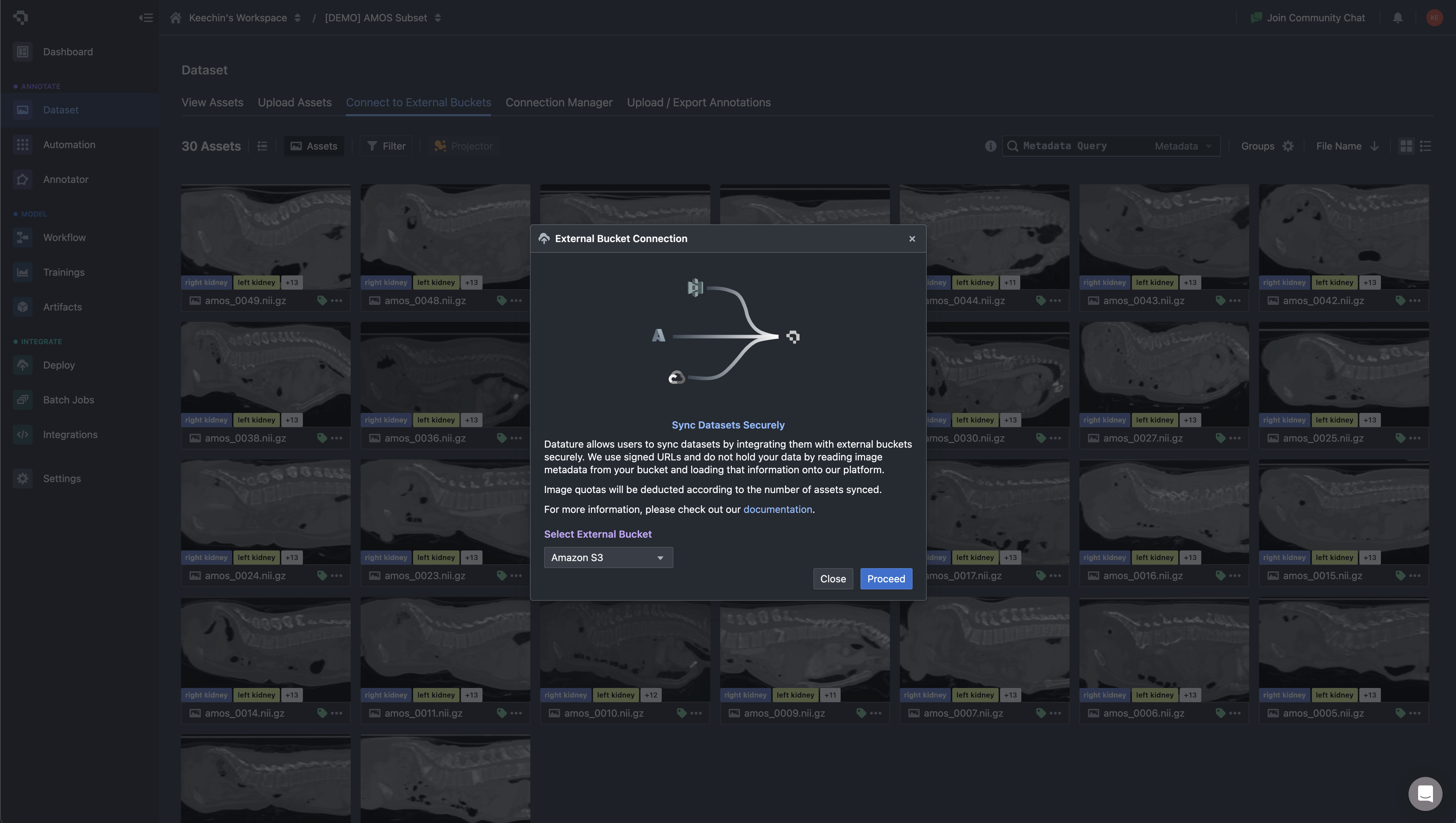 Dataset library interface with external bucket connection for syncing medical imaging data