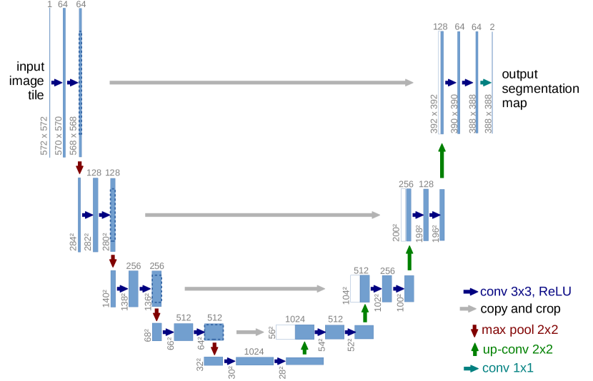 U-Net architecture diagram with encoder-decoder structure and skip connections for segmentation