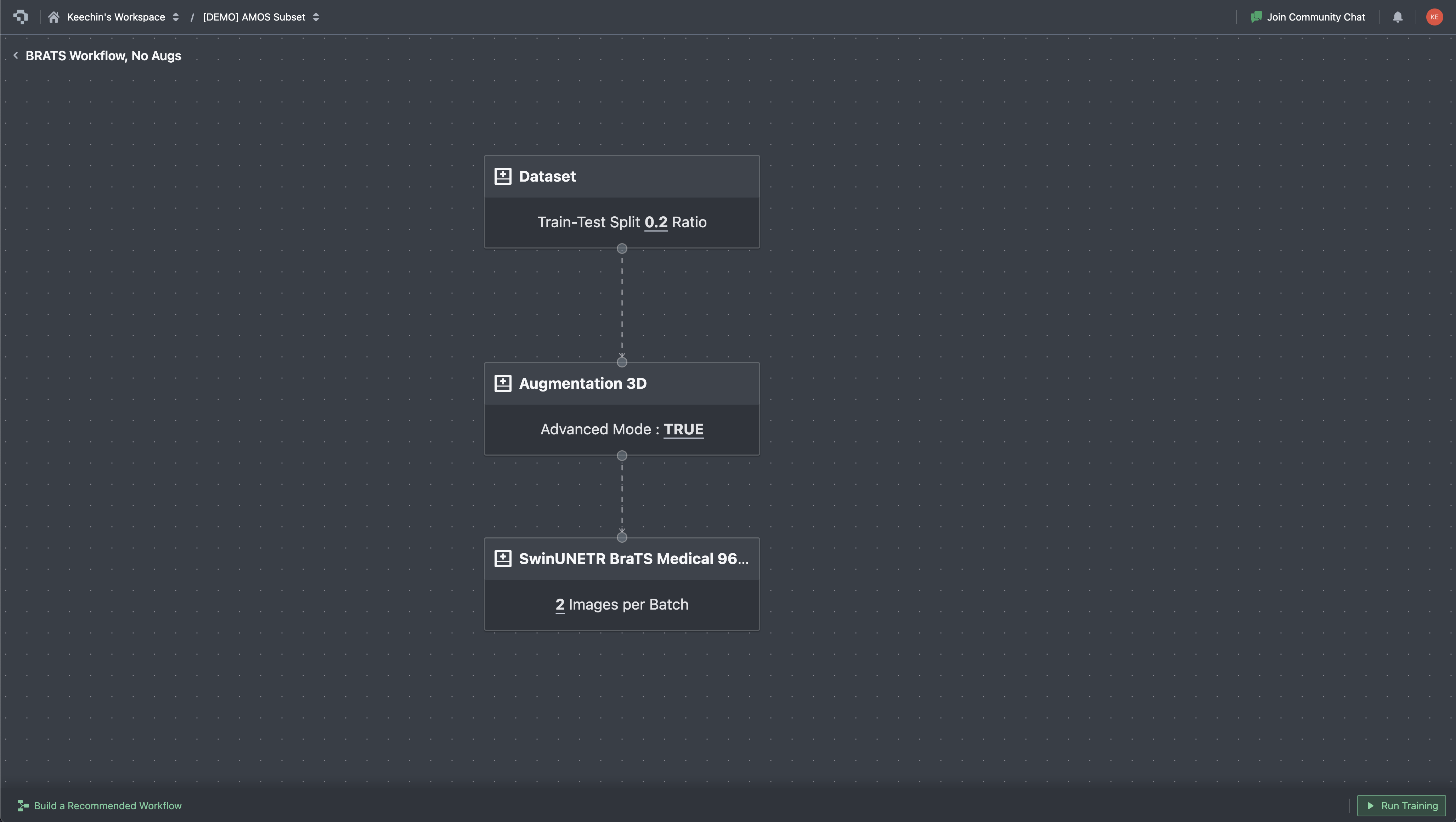 Workflow builder interface showing dataset, augmentation, and model training pipeline setup