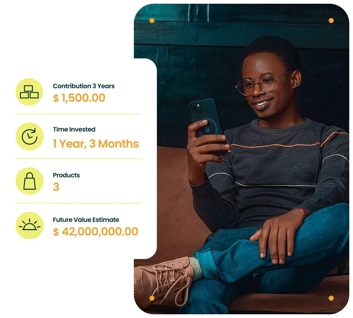 UI showing saving over years and a man smiling.