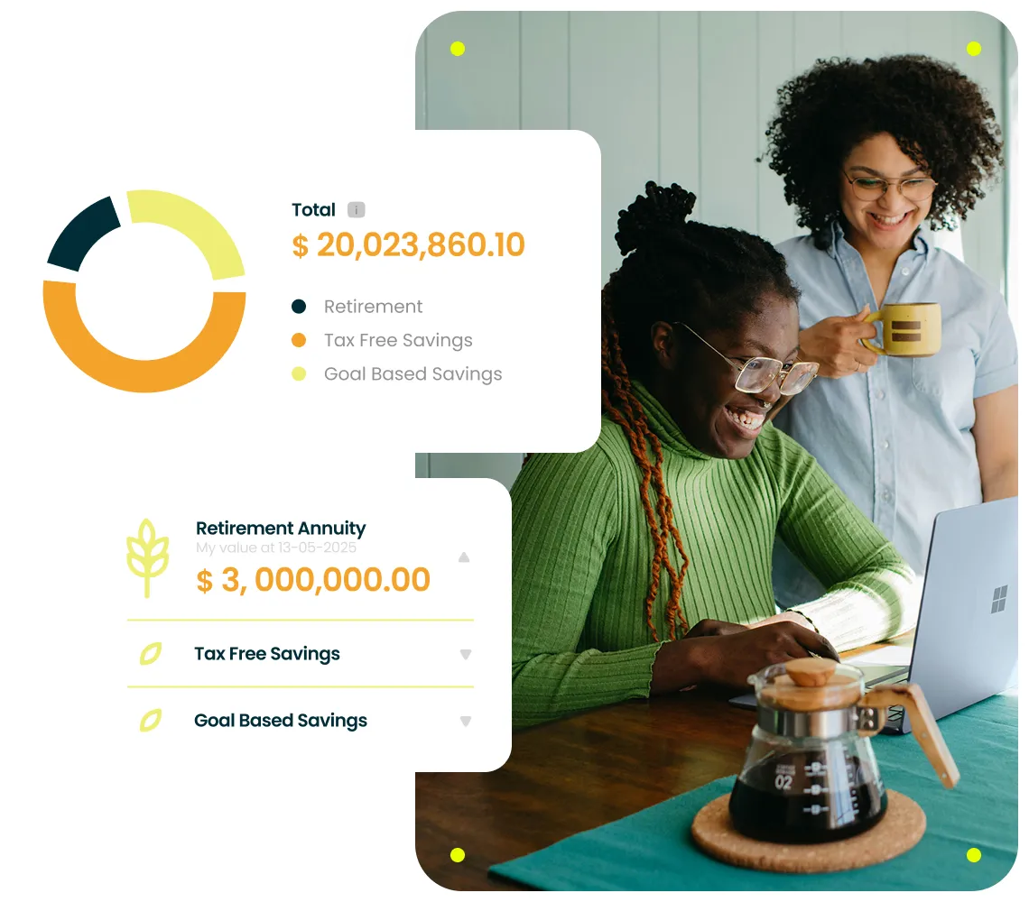 Two women smiling while reviewing financial information on a laptop, with on-screen charts showing total savings across retirement, tax-free, and goal-based accounts.