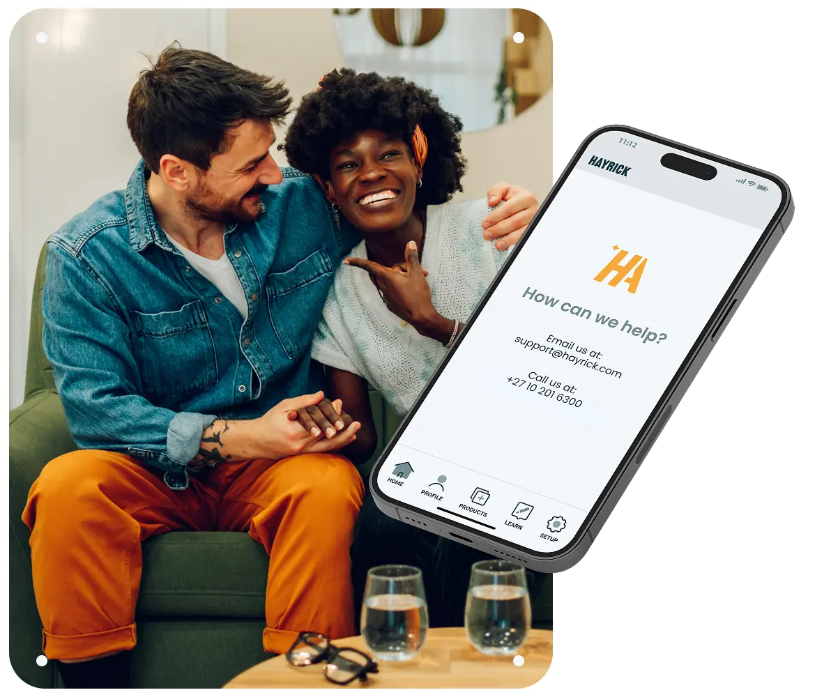 UI of a support page and two people smiling.