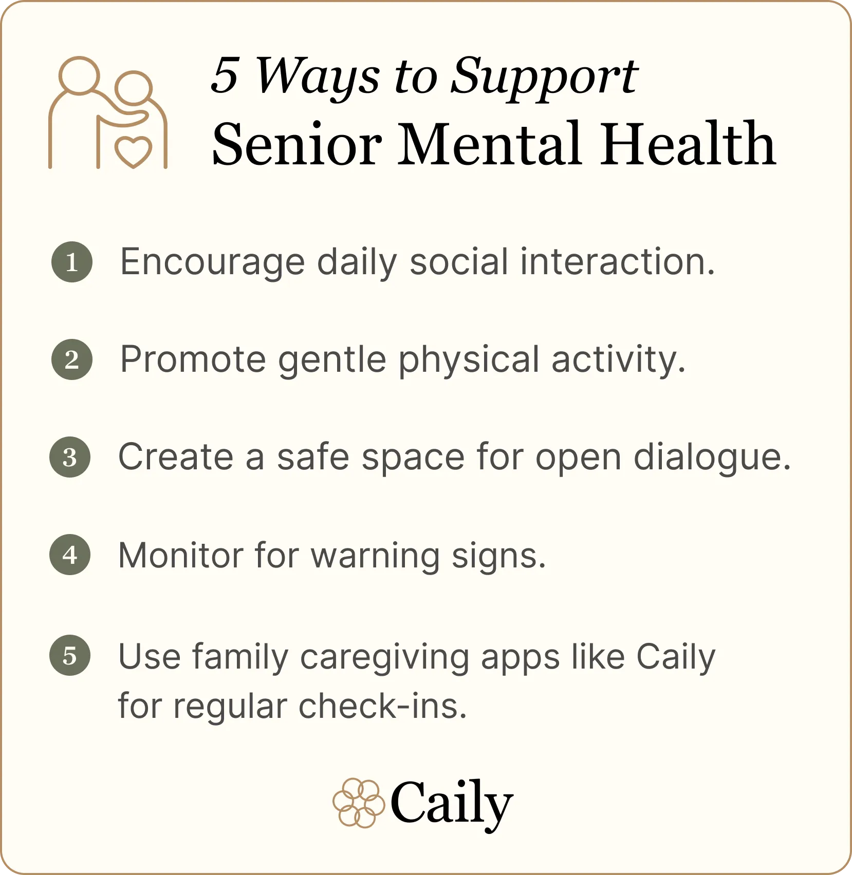 Tips for senior mental health awareness: social interaction, activity, dialogue, monitoring, and using the Caily app for elderly mental health support.