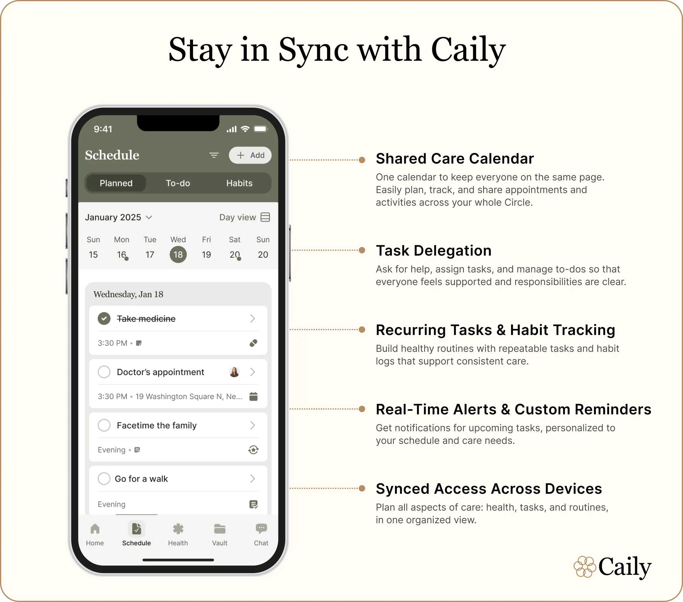 Caily app interface showing a shared care calendar with features like task delegation, real-time reminders, and synced access—highlighting how a calendar app for caregivers helps families stay organized.