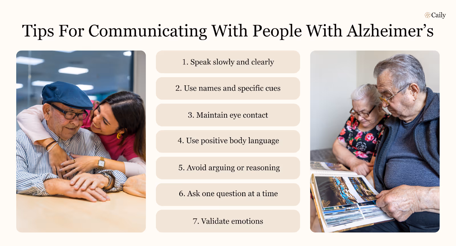 Infographic titled 'Tips for Communicating With People With Alzheimer’s' featuring a list of seven communication tips, alongside supportive images of caregivers interacting with older adults.