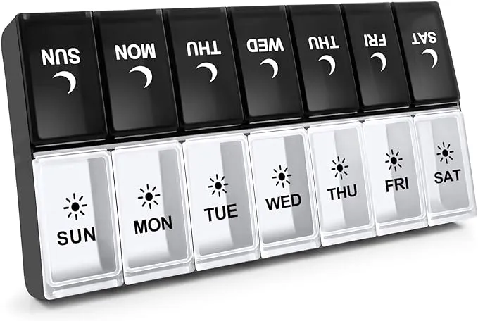 lack and white AM PM pill organizer with labeled compartments for each day of the week, designed to help seniors manage morning and evening medication schedules.