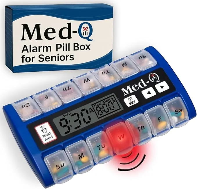 Med-Q digital alarm pill box for seniors featuring a built-in display, flashing light alert, and 14-day compartments for improved medication adherence.