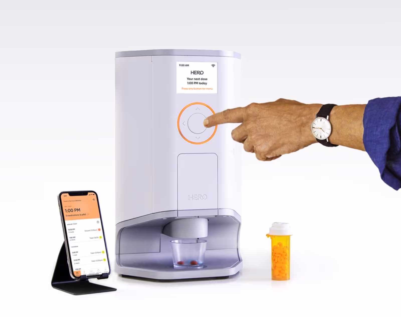 Hero smart pill dispenser with touchscreen, mobile app, and automated medication dispensing—ideal for seniors and caregivers managing complex regimens.