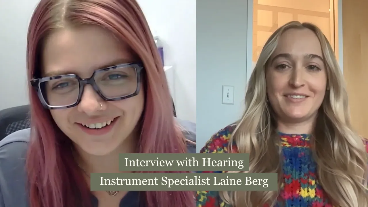 Screenshot from a video interview on hearing loss featuring Hearing Instrument Specialist Laine Berg, discussing hearing loss symptoms, hearing loss tests, and how to prevent hearing loss.