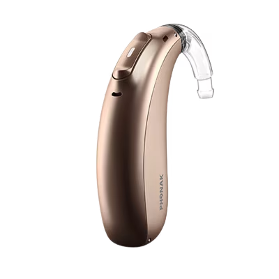 Phonak hearing aids with clear earmolds, designed for powerful amplification and noise reduction.