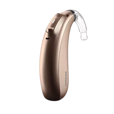 Phonak hearing aids with clear earmolds, designed for powerful amplification and noise reduction.