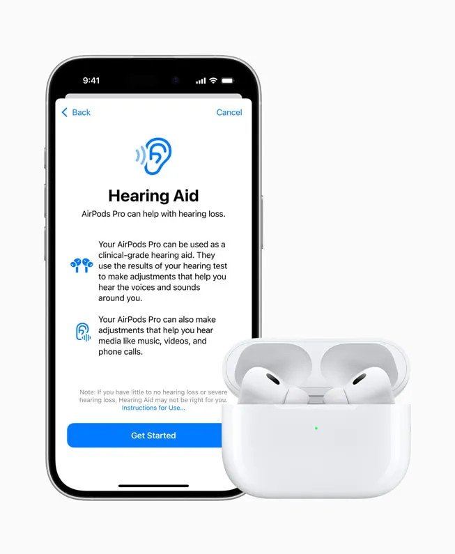 Alt text: Apple AirPods Pro with hearing aid mode displayed on an iPhone screen, showing setup instructions and white charging case.