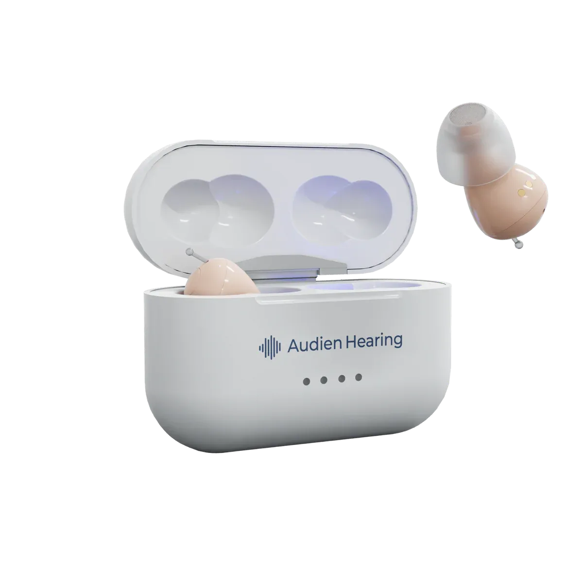 Audien hearing aids with beige in-ear earbuds and a white portable charging case labeled ‘Audien Hearing.’