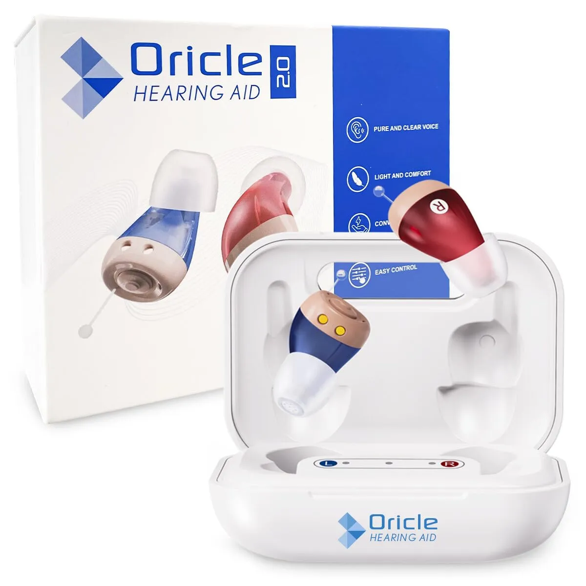 Oricle in-ear hearing aids in red and blue, shown with a white charging case and branded packaging in the background.