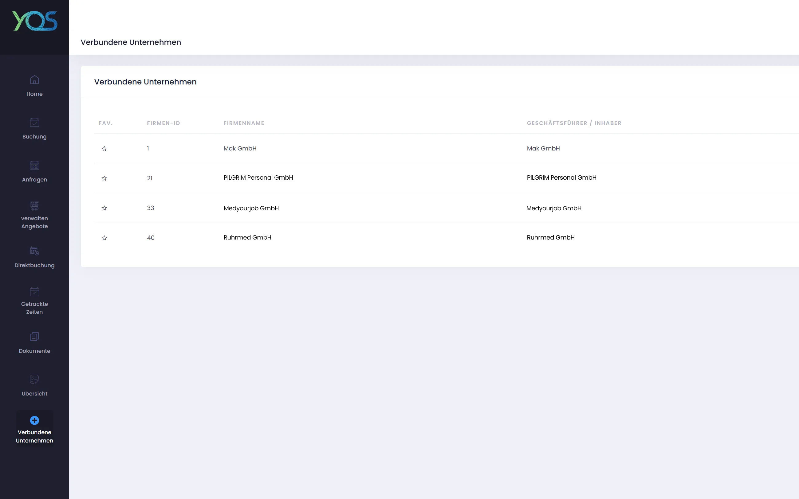 Zeigt den Bereich für verbundene Unternehmen innerhalb der App YOS an.