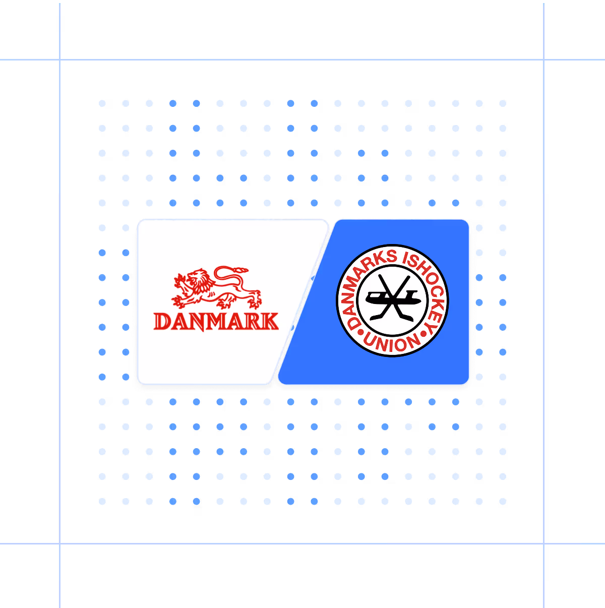 Danmark logo with red lion and Danmarks Ishockey Union logo with crossed hockey sticks on blue background.