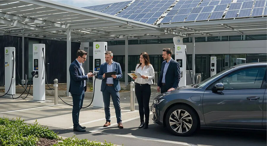Tým Chargee u stanic pod fotovoltaickým přístřeškem