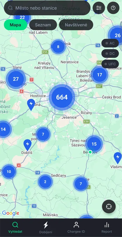 Mapa stanic v aplikaci Chargee